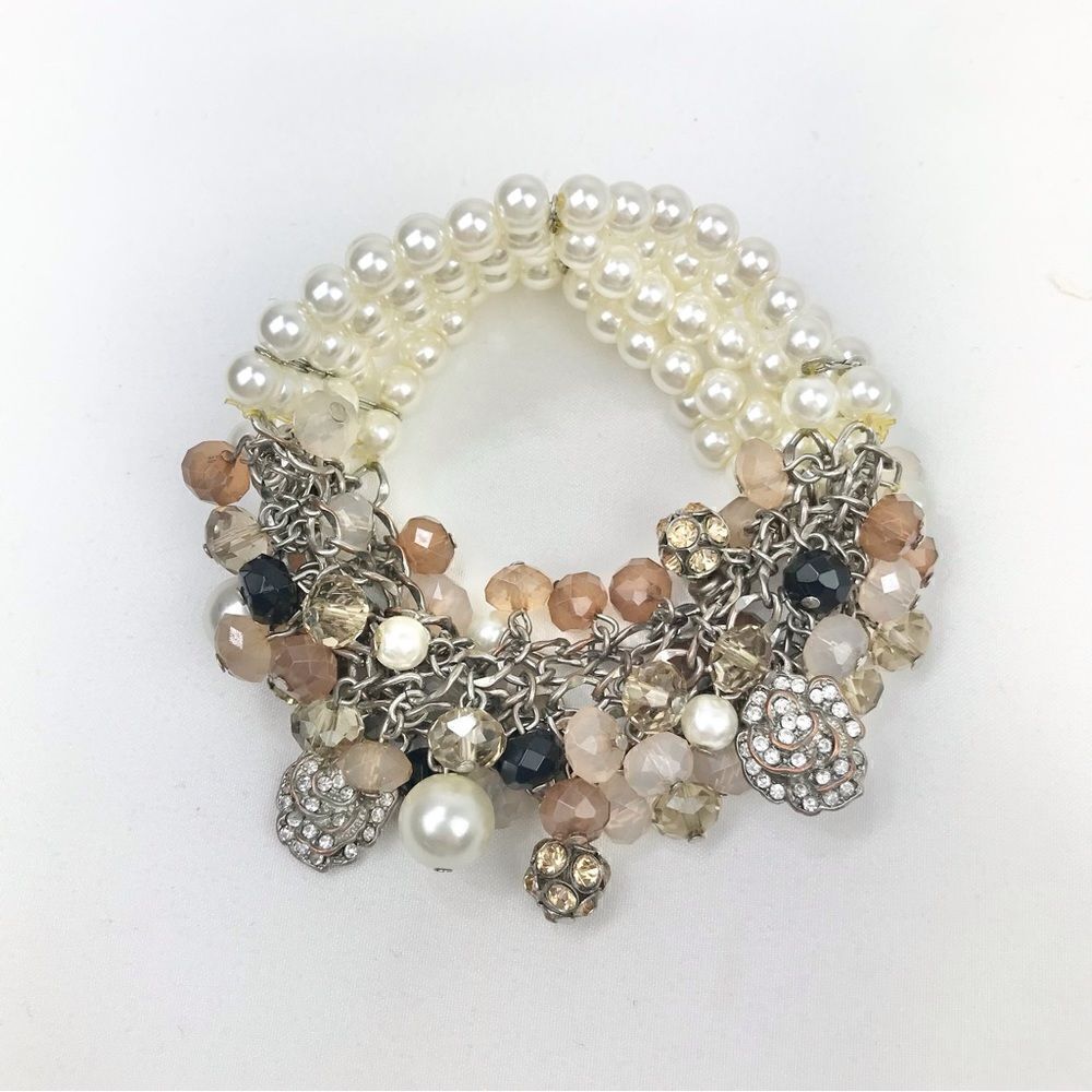 Taupe Blush Bead Rhinestone White Pearl Multi Strand Dangle Stretch Bracelet
